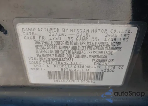 2018 Nissan Versa 1.6 S+ из США, поврежденный, VIN 3N1CN7AP0JL870681